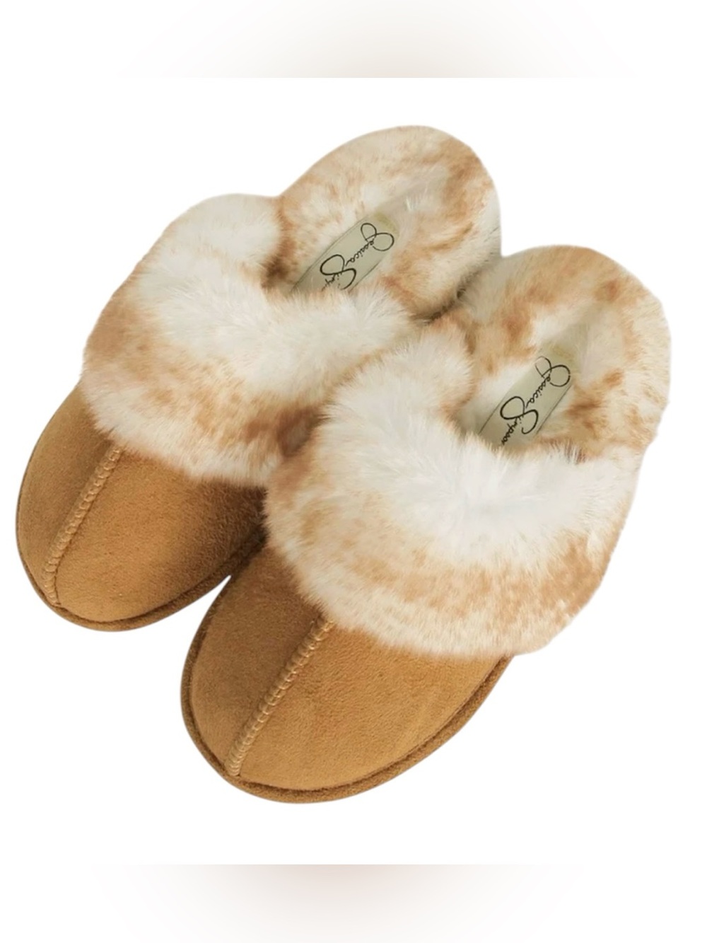 Jessica‎ Simpson tan and white faux fur slippers size large